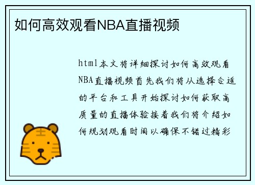 如何高效观看NBA直播视频