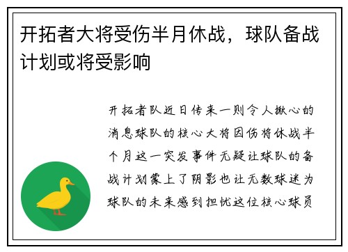 开拓者大将受伤半月休战，球队备战计划或将受影响